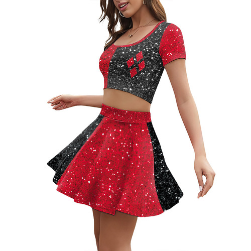 Cos costume clown female cheerleader pleated skirt suit digital printed short skirt women's casual short-sleeved half-body skirt