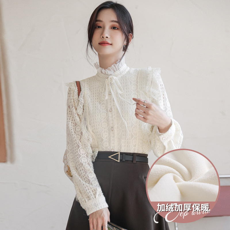 Embroidery Lace Primer shirt Plush thickening 2022 Autumn and winter new pattern bow Stand collar Long sleeve Internal lap Blouse