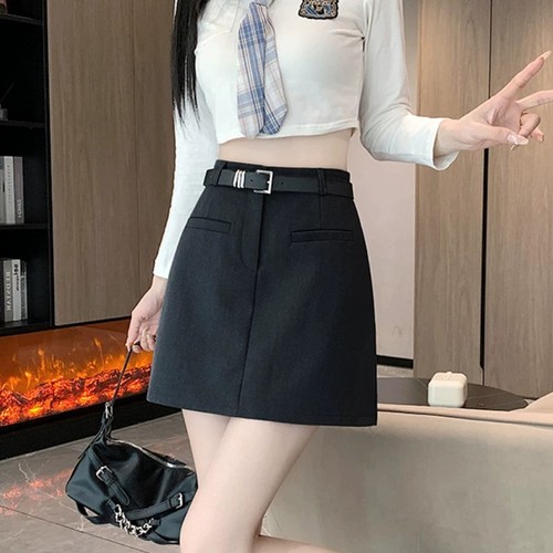 Grey High-Waisted Suit Dress for Women Summer College Style Trendy Girl Versatile A-Line Baggy Hip-Hop Semi-Body Skirt