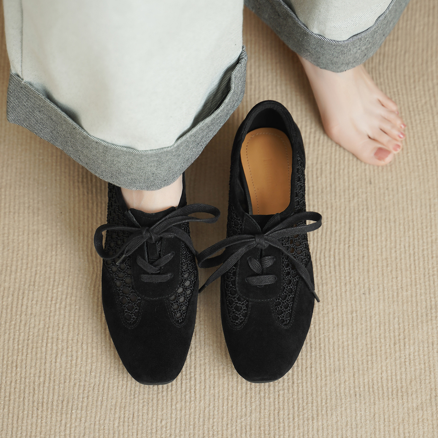 Giày sandal cao gót nữ hở mũi phối lưới, gót 4 cm, phong cách vintage — đen