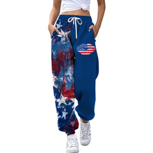 欧美风24年新款跨境美国独立日数码印花休闲运动女装高腰束脚长裤