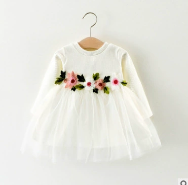 Demi-season long-sleeve dress for girls, floral applique tulle skirt, sizes 70–100