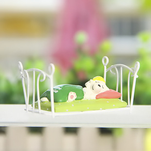 Cute cartoon desktop decoration creative office puppy lying on iron bed sleeping micro landscape flower arrangement shooting props