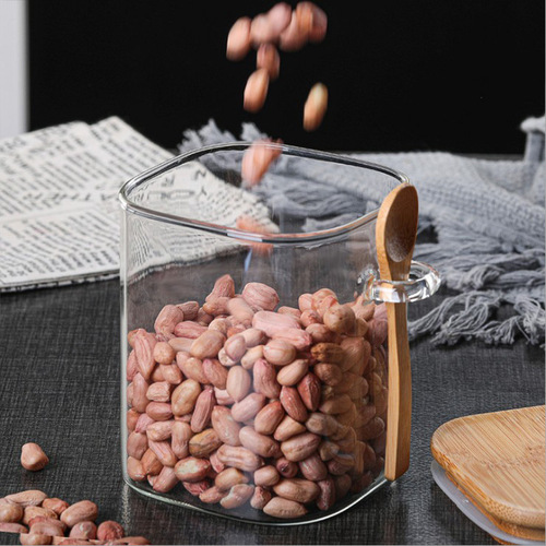 Square heat-resistant glass sealed jar household coffee bean storage jar with wooden spoon condiment bottle kitchen food storage jar