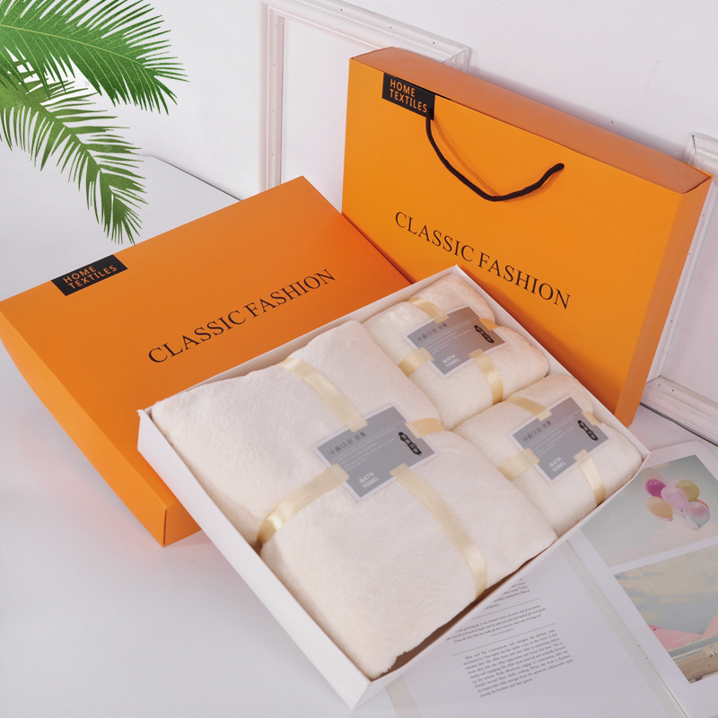 Thickened Coral Velvet Bath Towel Gift Box Handbag Absorbent Advertising Wedding Accompaniment Gift Box Gift Towel Three-Piece Set