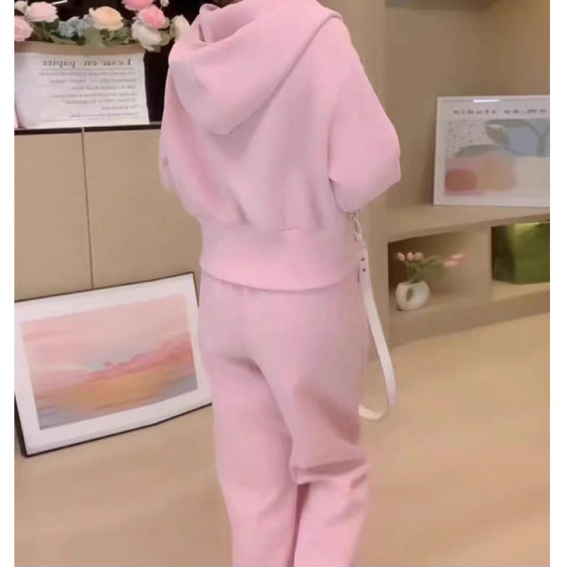 小个子粉色卫衣连帽休闲运动套装女网红炸街俏皮活泼直筒裤两件套|undefined