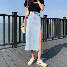 ins夏季时髦贴标牛仔裙女a字辣妹侧开叉包臀中长款休闲显瘦半身裙