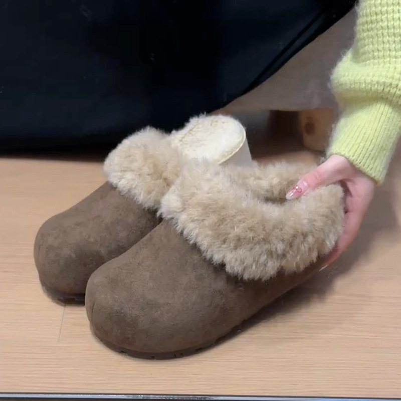 Versatile Fleece-Lined Warm Birkenstock-Style Plush Slippers for Women, 2025 Autumn and Winter Fashion Retro Outdoor Half-Slippers Cotton Slippers