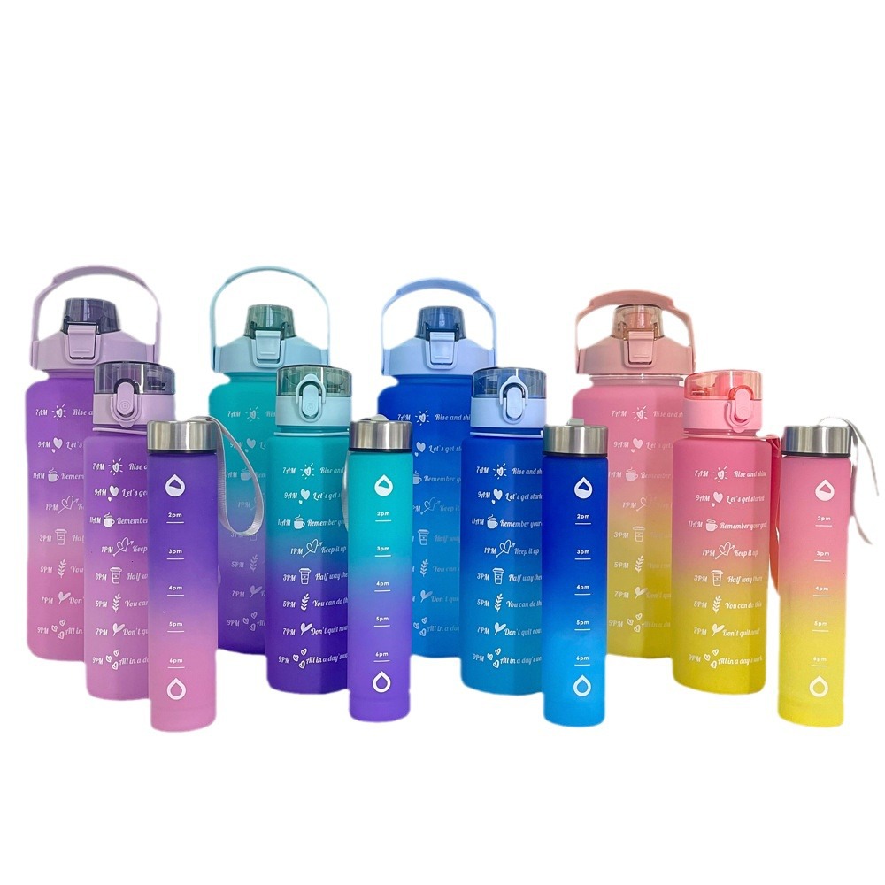 Traje transfronterizo de tres piezas botella de agua cuerda portátil paja gradiente mate taza de agua de plástico botella de agua para deportes al aire libre de gran capacidad