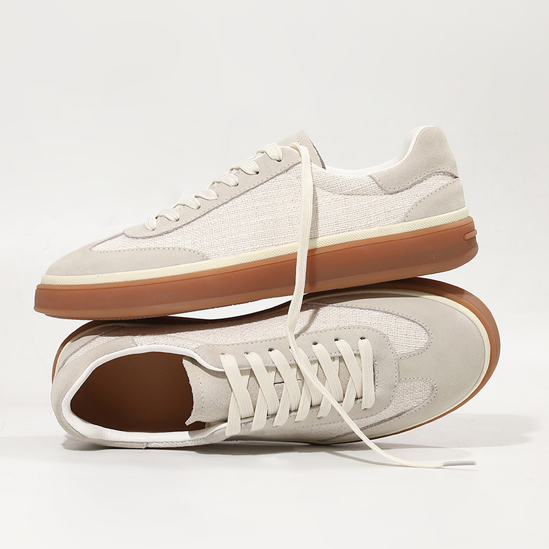 Breathable Sports Casual Shoes, Low-Top Cowhide Leather and Linen Fabric White Sneakers, Comfortable Running Shoes, Old Money Style Men's Shoes Breathable Sports Casual Shoes, Low-Top Cowhide Leather and Linen Fabric White Sneakers, Comfortable Running Shoes, Old Money Style Men's Shoes