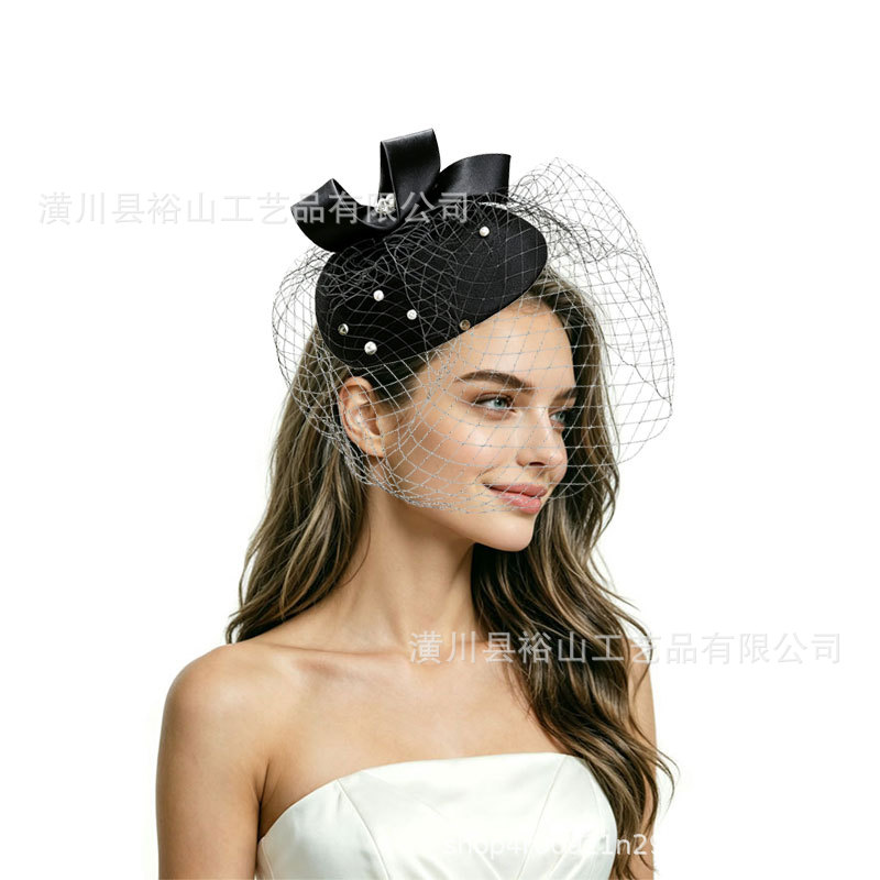Cross-border best-selling bowknot mesh pearl headpiece bridal wedding dress accessory horse racing festival banquet hair accessory
