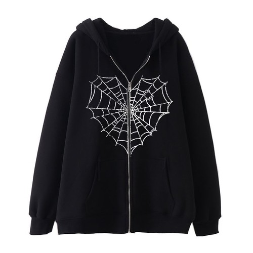Spiderweb Print Hooded Sweatshirt Personal Casual Zipper Jacket European and American Trend Plus Size Women's Clothing