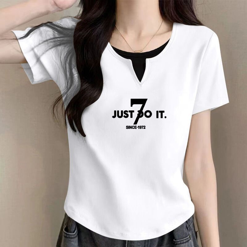 純綿半袖tシャツ女性2025夏の新型デザイン感裾のアーチ型偽の2つのユニークなつなぎ合わせ上着の潮|undefined
