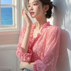 夏の新作、おしゃれで個性的なフリル付きシャツ、デザイン性が高く万能な超可愛いピンクの水玉模様シフォンブラウス、レディース