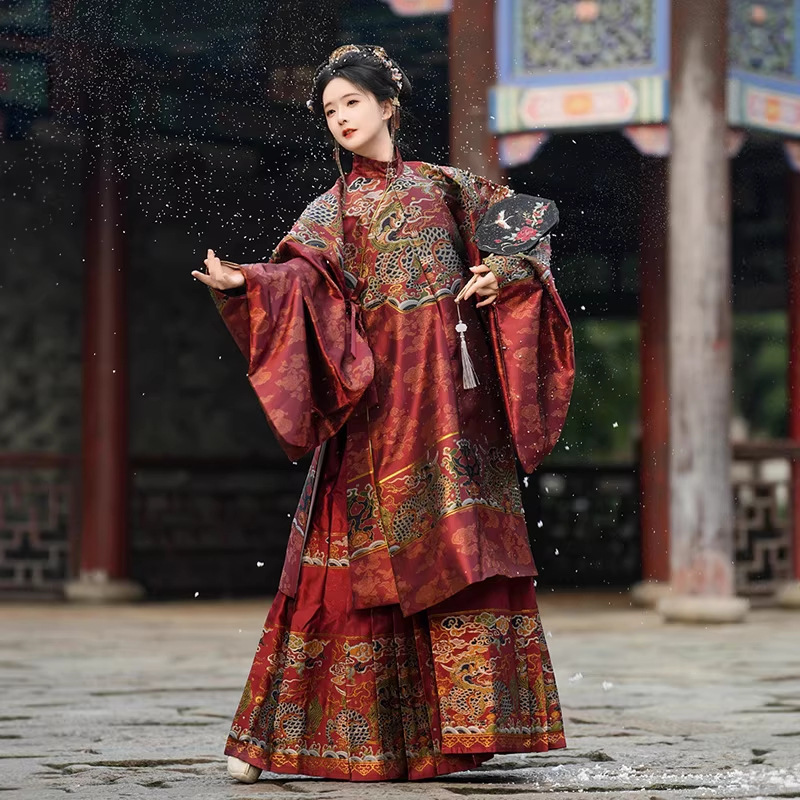 Original Ming Dynasty Hanfu【Great Ming Noblewoman】Gilded Stand-Collar Long Coat with Luxurious Embroidered Horse-Face Skirt Set, New Year Outfit