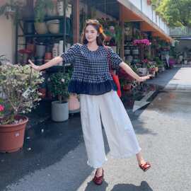 设计感藏青色格子娃娃衫阔腿裤两件套女2026新款夏季洋气减龄套装