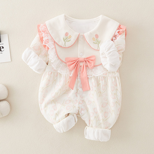 Newborn Spring Double-Layer Daffodil Bodysuit for Girls, Stylish Princess Harisu Outfit for Crawling Outdoors