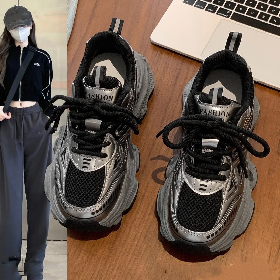 Papá zapatos de mujer zapatos negros de terciopelo 2026 nueva primavera y otoño versátil muffin grueso aumento de altura zapatos deportivos casuales