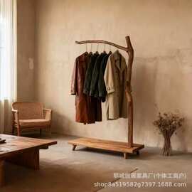 侘寂风老榆木衣架可移动卧室挂衣架实木阳台晾衣架做旧鞋架衣帽架