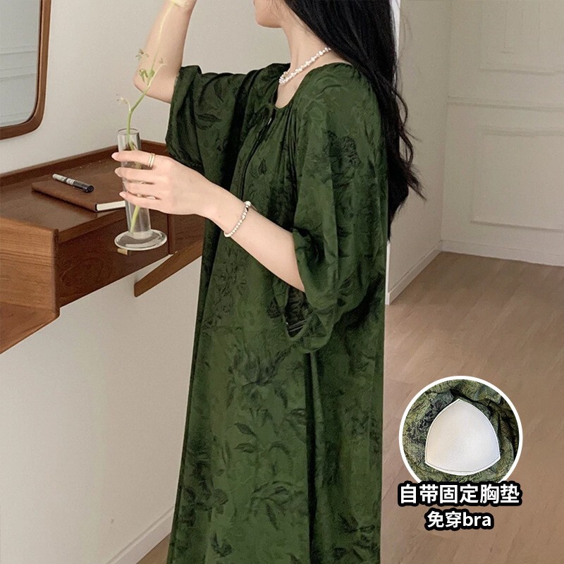 [with Chest Pads to Prevent Bumps] Cotton Silk Nightgown for Women, Summer Cotton Silk Pajamas, Artificial Cotton, Suitable for Female College Students to Wear Outside