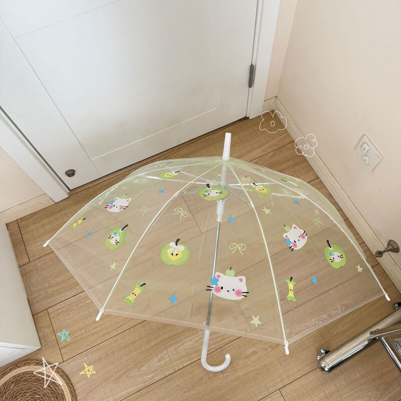 Green Apple Cat Transparent Umbrella for Women, High Aesthetic Value, Ins-Style Folding Automatic Umbrella, Cute and Thickened, Student Cartoon Design