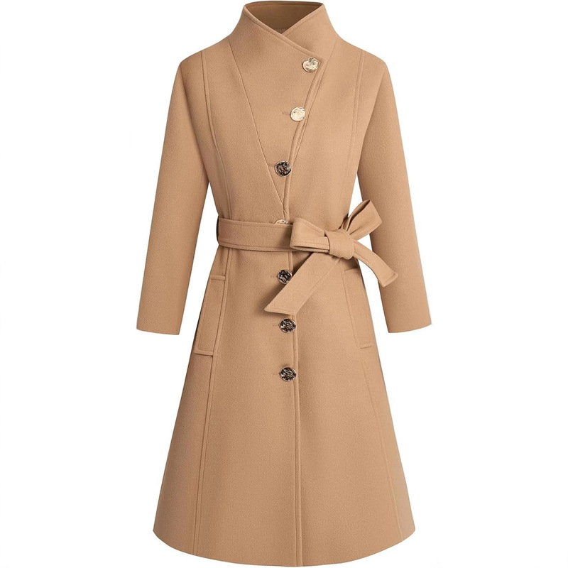 Women's Winter Trench Coat, Long Pea Coat, Single-Breasted, with a Turn-Down Collar, Belted, Double-Breasted, Lined