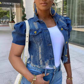 跨境电商 欧美独立站新款时尚翻领破洞磨毛扣牛仔短外套女短袖上