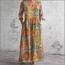 亚马逊跨境2025秋季新款欧美女装宽松V领时尚高级长袖印花连衣裙