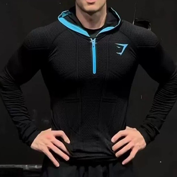 Gymshark Fitness Long-Sleeved Men's Autumn and Winter Classic Superhero Quick-Drying Stretch Hoodie Half-Zip Top Gymshark Fitness Long-Sleeved Men's Autumn and Winter Classic Superhero Quick-Drying Stretch Hoodie Half-Zip Top