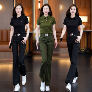 Micro-flared pants suit spring and summer new short-sleeved pants high waist slim-fit work T-shirt camouflage POLO shirt women