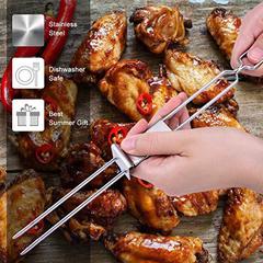 Zibo 430 outdoor stainless steel barbecue fork barbecue skewers double needle with push plate BBQ metal barbecue skewers barbecue tool