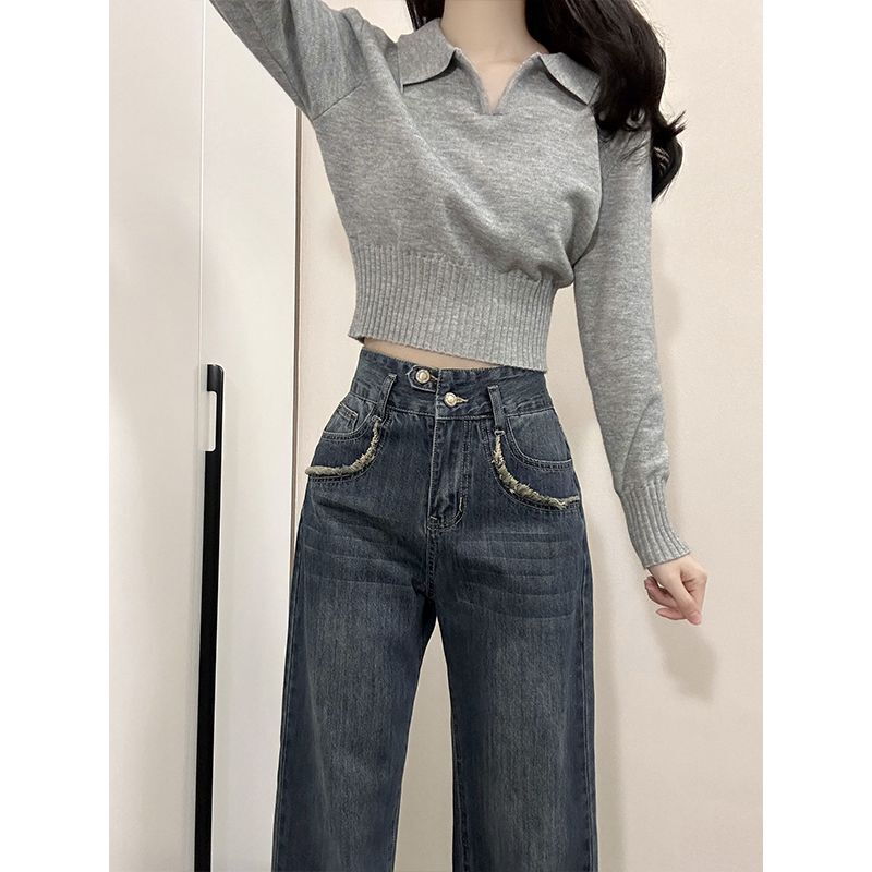 灰色POLO领针织打底衫女秋冬内搭收腰修身设计感小众别致绝美上衣|undefined