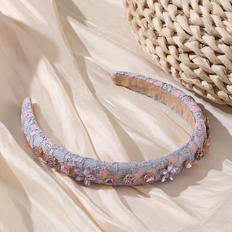 Cross-Border New Arrival Baroque Vintage Crystal Floral Headband European and American Fashion Thin Edges Fabric Diamond-Embedded Bridal Hair Accessories for Women