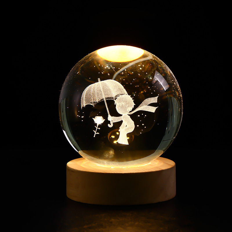 Bola de cristal luminosa, luz nocturna, cielo estrellado tallado en 3D, base de madera maciza, decoración de escritorio creativa, regalo de cumpleaños