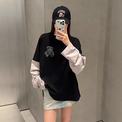 高端女装假两件小熊设计高街字母印花宽松卫衣男女款潮牌休闲上衣