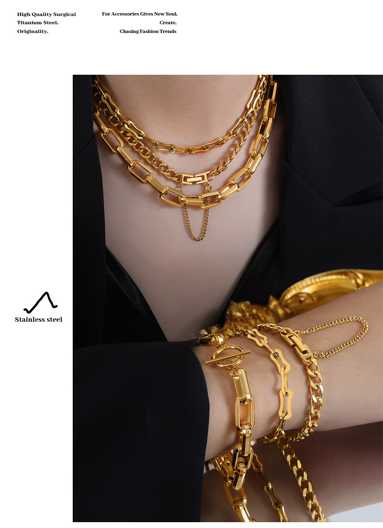 11g Weight 0.03µm-0.05µm Gold Plating Thickness PVD Coated Gold Plating Process 18K Real Gold Plated, Real Gold Plated Plating Material Bracelets, Necklace Classification Necklace + Jewelry Quantity Daily, Street Occasion 304 Stainless Steel Material Solid Color Pattern Unisex Gender Hip-Hop, Simple Style Style Waterproof Non Tarnish, Plating Craft PVD Coated Real Gold Plated 18K Gold Solid Color Titanium Steel Hip-Hop Simple Style Waterproof Non Tarnish Bracelets Necklace 3