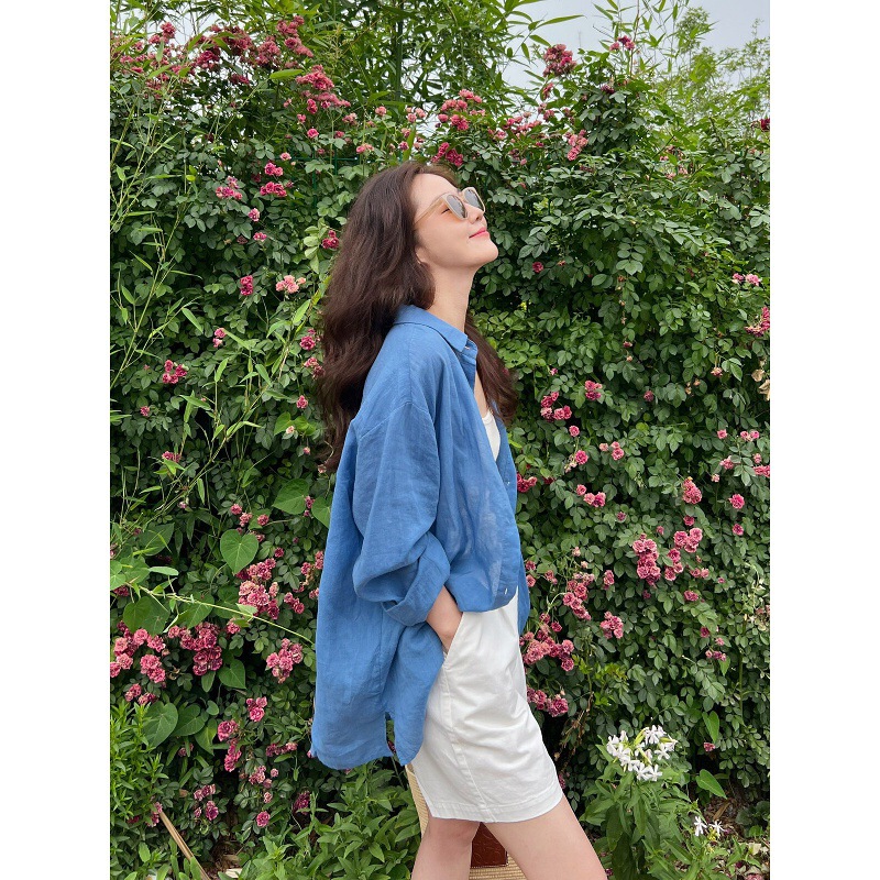 Manmans French-Style Relaxed Shirt, Thin Ramie Loose Sun-Protection Shirt, Nice Blue Shirt, Cotton-Linen for Women