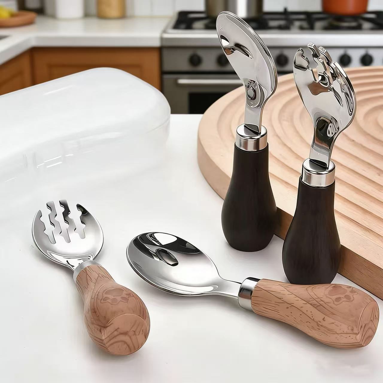 304 Stainless Steel Upright Baby Fork and Spoon Short Wooden Handle Thickened Children's Food Feeding Tableware Cross-Border Pinduoduo