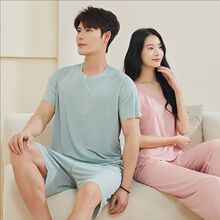 情侣款凉感无痕睡衣女夏季冰丝螺纹薄款可外穿男士家居服两件套装