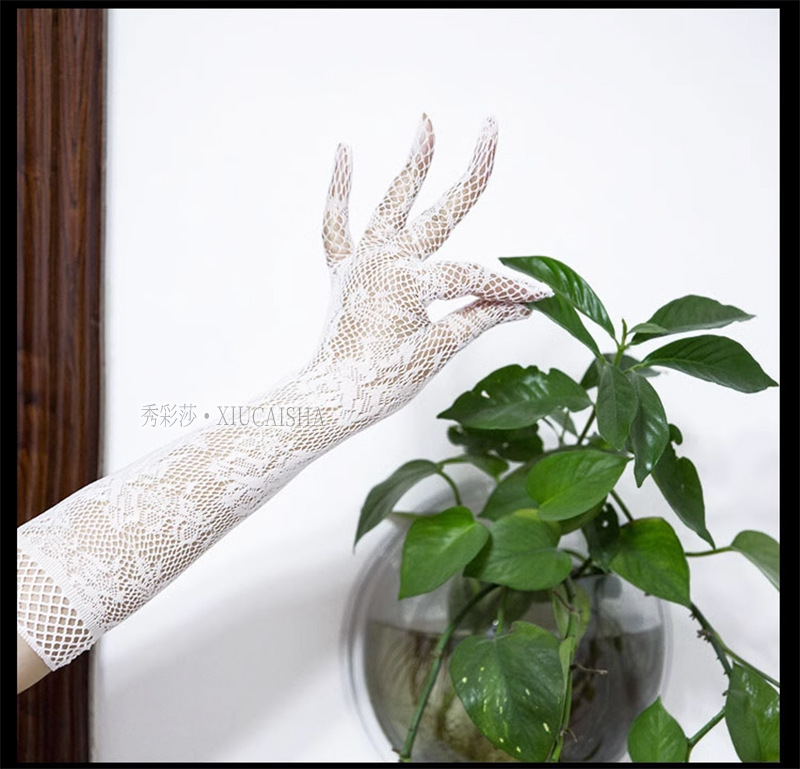 Lace Mesh Long Gloves, White Five-Finger Bridal Gloves, Breathable 2025 Spring — detail image 4