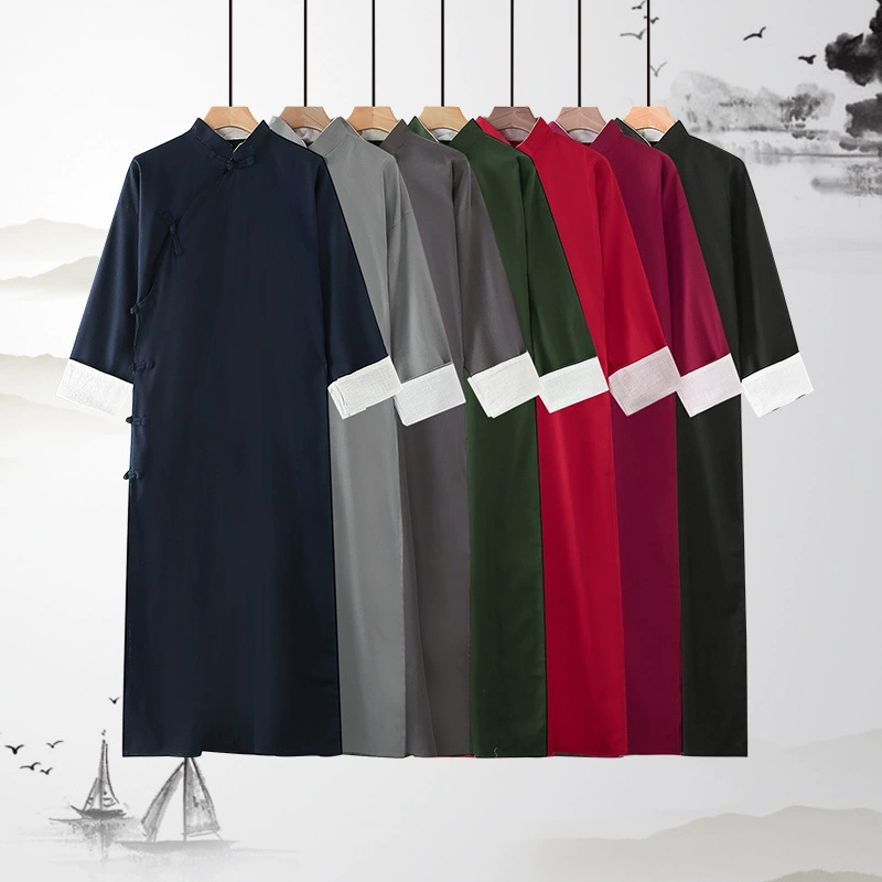 Длинная рубашка из хлопка и льна Китайская Республика, длинное платье в китайском стиле, Ма Гуа, льняной мужской чайный костюм, пальто с перекрестными помехами, костюм