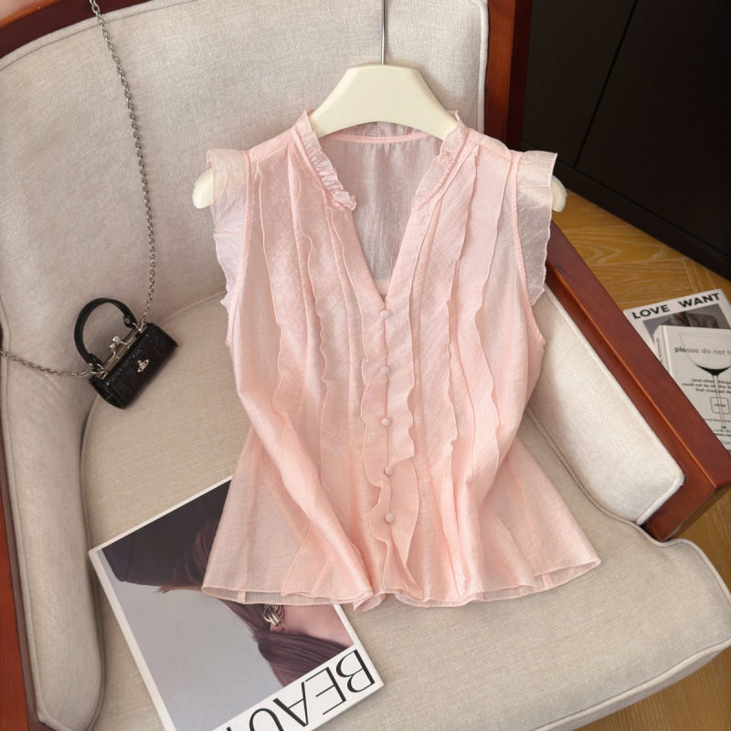 Real Shot of a Stylish Pink Ruffled Sleeveless Shirt for Women, Summer New Slim-Fit V-Neck Versatile Top
