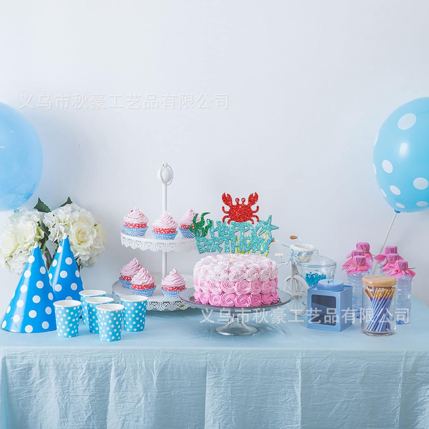 Celeste azul feliz cumpleaños pastel decoración cangrejo tarta decoración fiesta de animales marinos nuevo cross-border