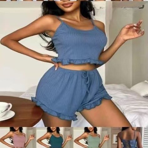 跨境女式睡衣性感坑條美背交叉綁帶吊帶時尚短褲套裝歐美家居服