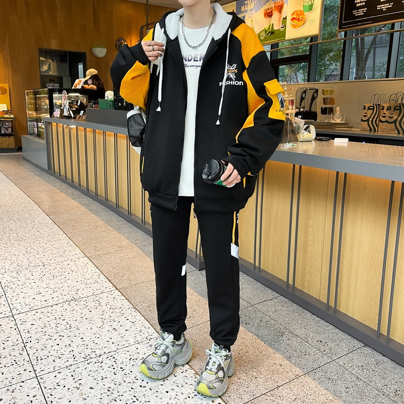 Conjunto de sudadera gruesa con forro polar para otoño e invierno, nuevo estilo para adolescentes, conjunto deportivo informal, moderno y elegante de dos piezas para estudiantes.