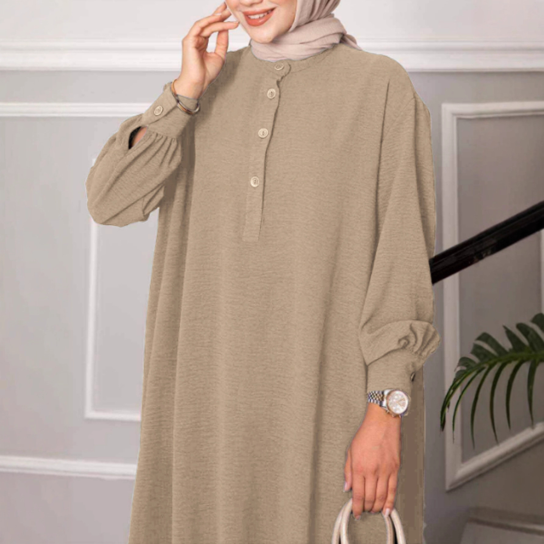 Abito da sera modesto da donna, abbigliamento musulmano ampio, completo casual da donna, top a maniche lunghe con scollo rotondo e bottoni e pantaloni a gamba larga._voghion.com