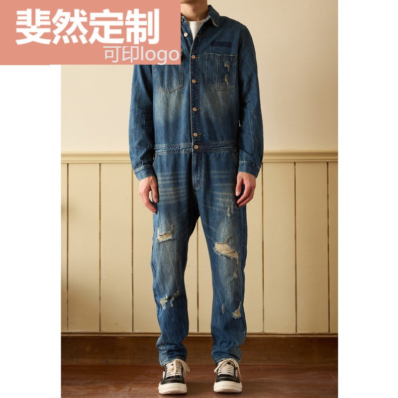 Printed Logo American Retro Denim Jumpsuit Men's Trendy Brand Hip-Hop Workwear One-Piece Jumpsuit Men's Denim Long