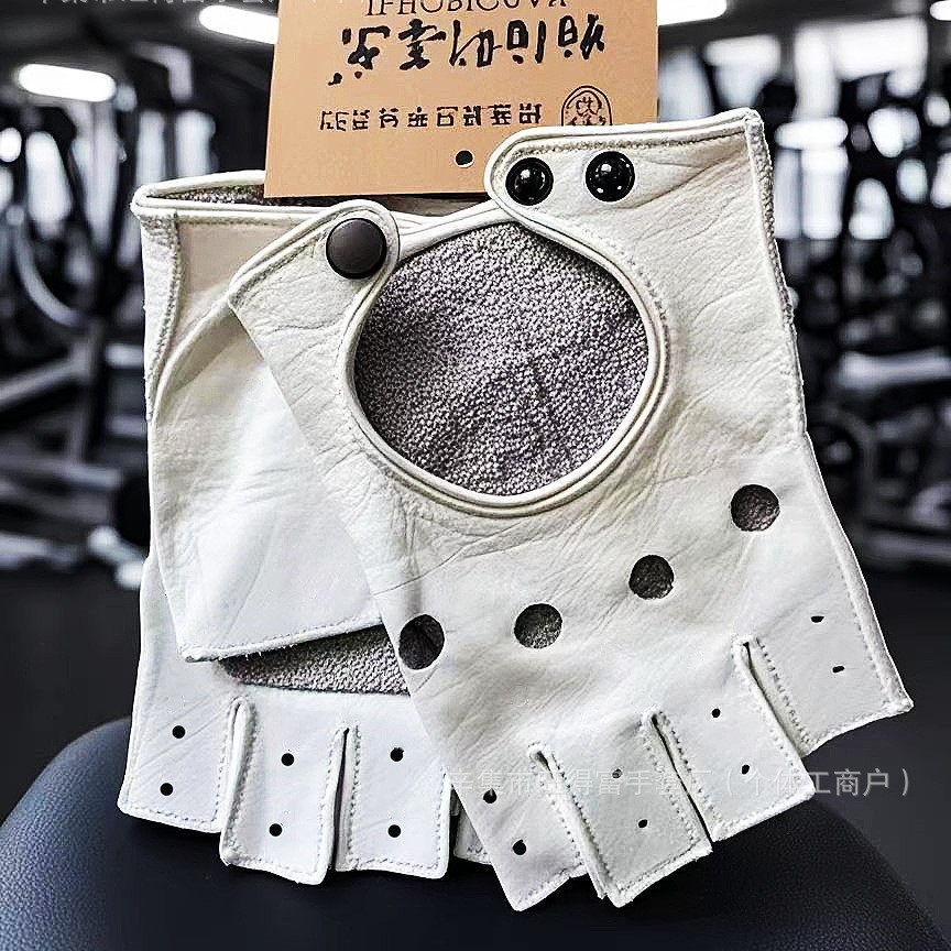 진정한 암소 가죽 장갑은 반 손가락 통기성 복고풍 오토바이 내마모성 피트니스 야외 오토바이 승마 장갑입니다.