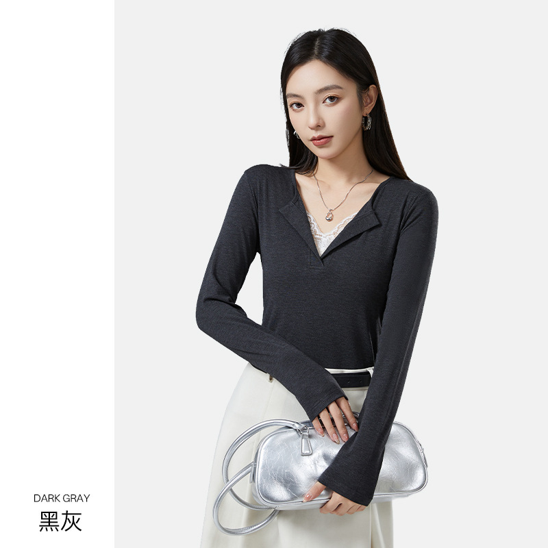 V领假两件蕾丝拼接打底衫女10A抗菌亲肤羊毛加热德绒保暖长袖T恤|undefined