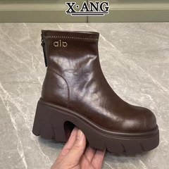 7cm高跟弹力瘦瘦靴子女真皮粗跟短靴厚底增高马丁靴女款切尔西靴
